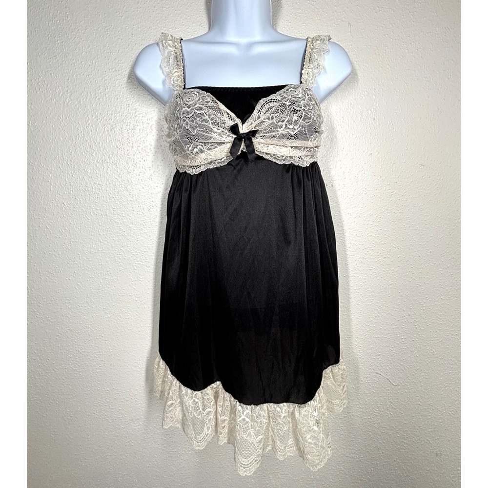 Aimer Feel Black Satin Lace Babydoll Slip Dress Medium Maid Whimsigoth Japan EUC